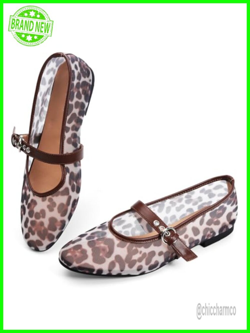 Women's Leopard Mesh Ballet Flats Pointed Toe Slip-On Mary Jane Shoes